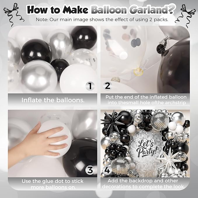 153Pcs Black and Silver White Balloon Garland Arch Kit with Stars, 22 18 12 10 5 inch Disco Ball Balloons Black White Metallic Silver Confetti Balloon for Birthday Graduation Party Decorations
