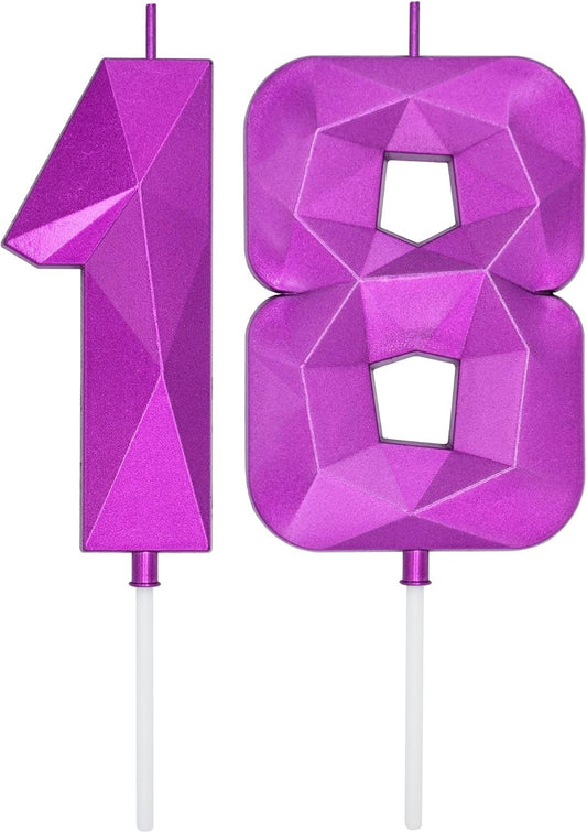 DERVENTA Large Birthday Candle Number 3D Purple 3.7 inch Party Celebration Anniversary Decoration Cake Topper 1 Piece (Number 18 Purple)