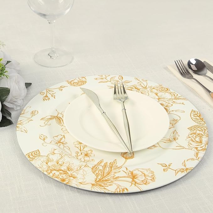 Efavormart 6 Pack White Gold Floral Acrylic Charger Plates in French Toile Pattern, Round Dinner Charger Event Tabletop Decor - 13"
