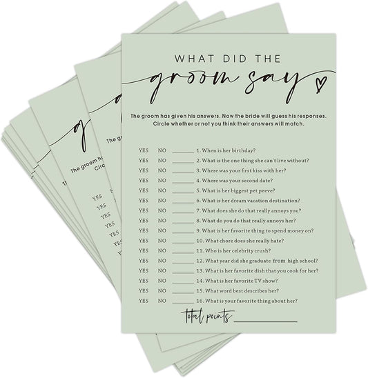 Bridal Shower Games, What Did the Groom Say, 25Pcs Minimalist Sage Green Bridal Game Cards, Wedding Shower Games for Guests, Engagement Bachelorette Party Supplies