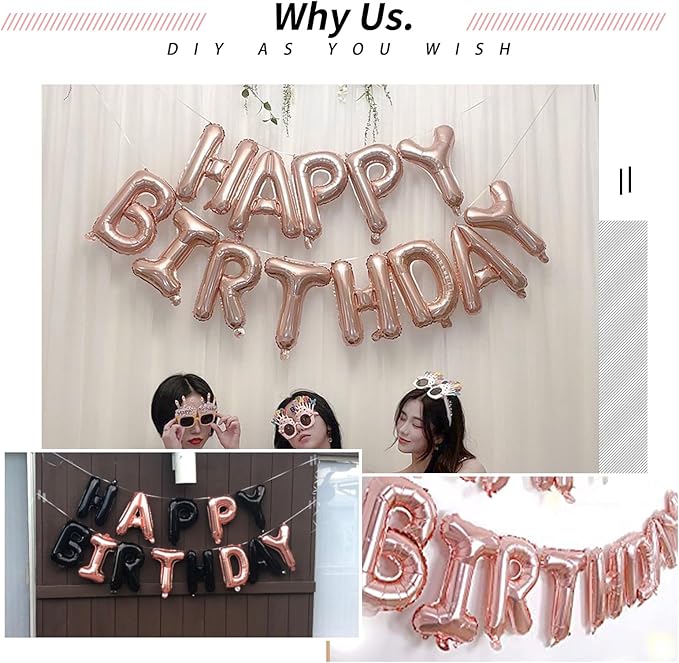 [52 PCS] 16" Foil Rose Gold Letter Balloons 2 Sets of A-Z, Mylar Aluminum Hanging Alphabet for Romance Valentine's day Graduation New Year eve Birthday Party Decorations