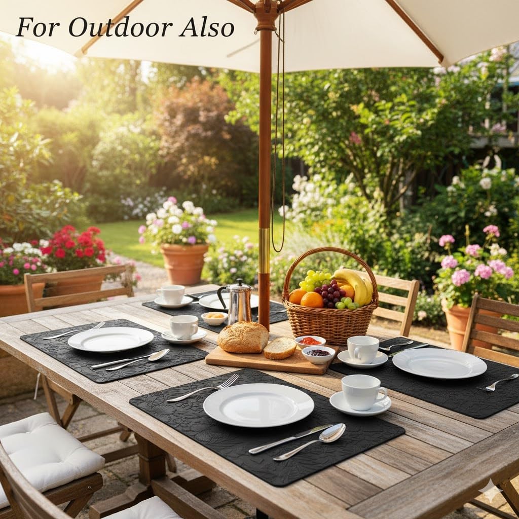 17" × 12" Faux Leather Placemats Set of 6, Black, Washable, Wipeable & Heat-Resistant Table Mats, Waterproof & Anti-Slip Dining Place Mats with Shallow Embossed Texture for Kitchen & Dining & Outdoor