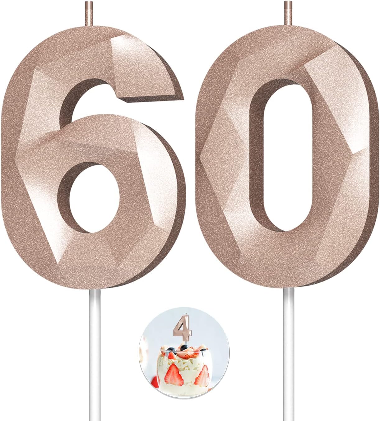 Number Birthday Candles(60 Candle Rose Gold) 3D Diamond Shape Number Happy Birthday Cake Candles for Birthday Party Wedding Decoration Reunions Theme Party