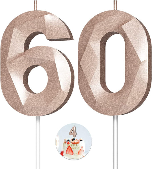 Number Birthday Candles(60 Candle Rose Gold) 3D Diamond Shape Number Happy Birthday Cake Candles for Birthday Party Wedding Decoration Reunions Theme Party
