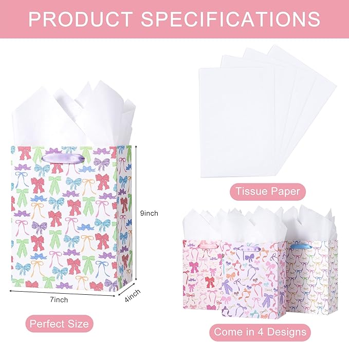 Loveinside Medium Size Gift Bags, Colorful Bow Pattern Gift Bag with Tissue Paper for Shopping, Parties, Wedding, Baby Shower, Craft-4 Pack, 7" X 4" X 9"