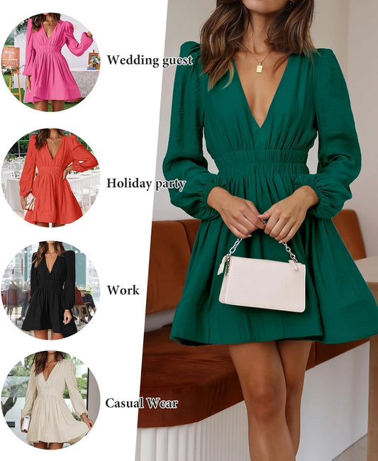 FAIABLE Mini Deep V Sexy Long Sleeve Dress for Women A-line High Waisted Casual Flowy Dress for Cocktail Wedding Guest