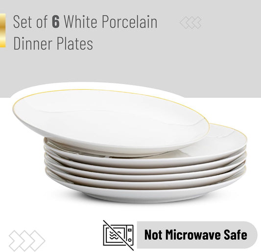 BTaT- White Porcelain Dinner Plates with Gold Rim, Set of 6, 10.5", Porcelain Dinner Plates, Christmas Gifts
