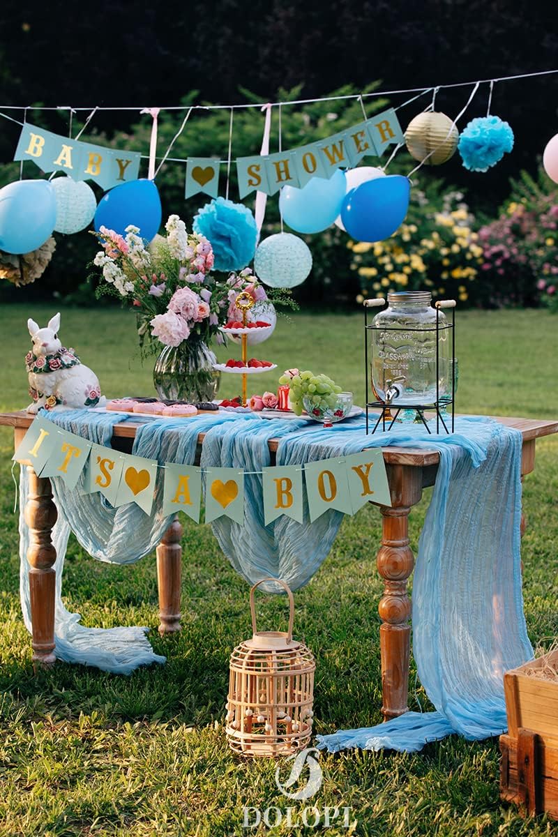 DOLOPL 8PCS Baby Blue Cheesecloth Table Runner Bulk 13.3ft Boho Gauze Cheese Cloth Table Runner Rustic Sheer Runner 160inch Long for Wedding Bridal Baby Shower Birthday Party Cake Table Decorations