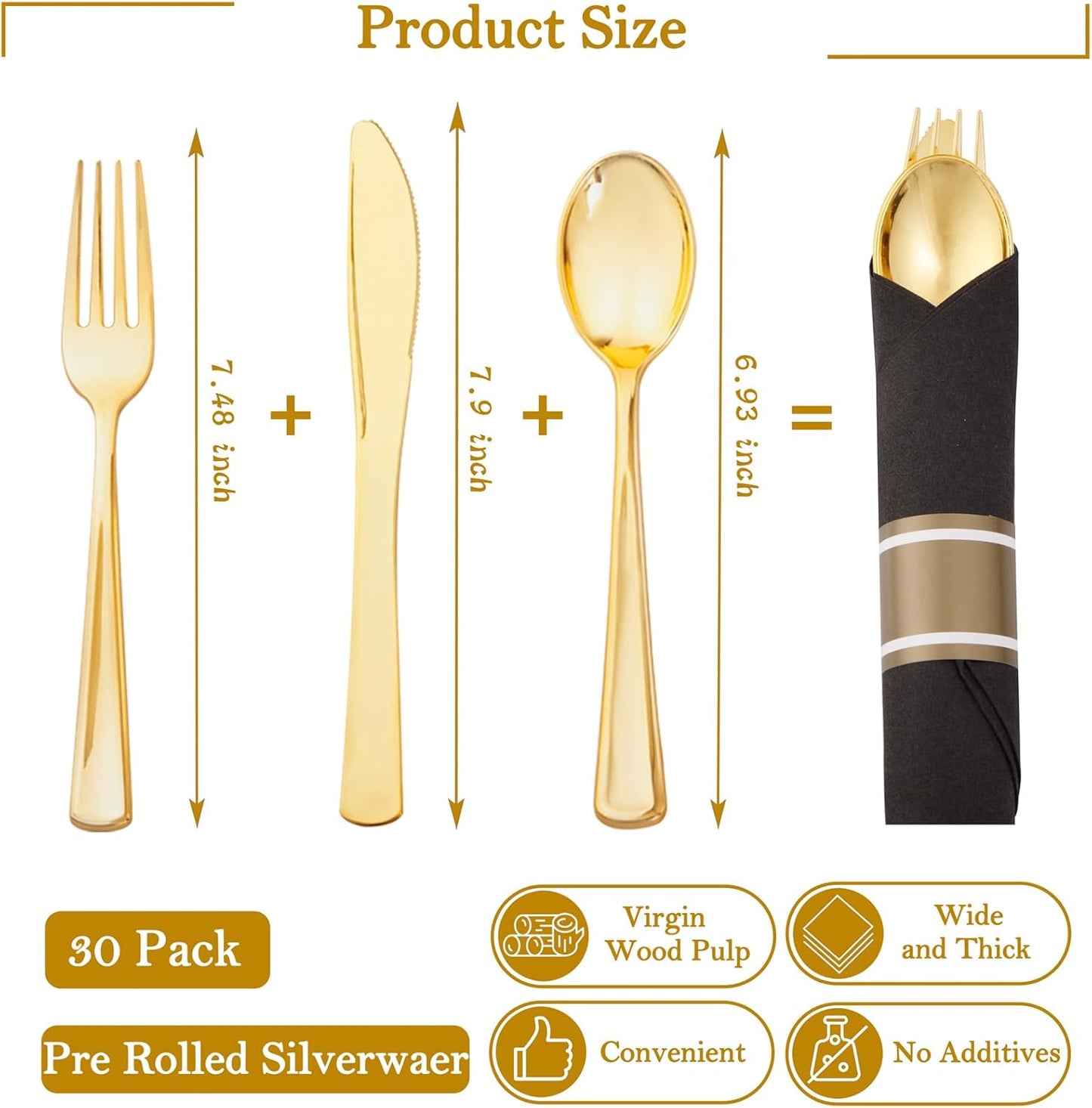 Supernal 30 Pack Pre Rolled Gold Plastic Silverware Set with Napkins, Wrapped Plastic Cutlery Set, Disposable Utensils Includes 30 Forks, 30 Knives, 30 Spoons, 30 Napkins for Party, Wedding