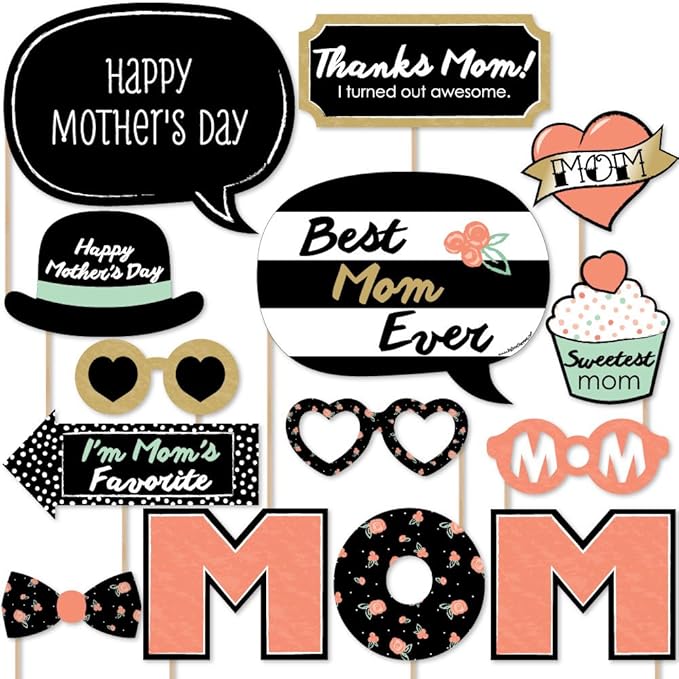 Mother's Day Photo Booth Props Kit - Celebration Set, Premium Cardstock Photo Props with Sticks, DIY Party Decorations - 20 Pieces - Best Mom Ever