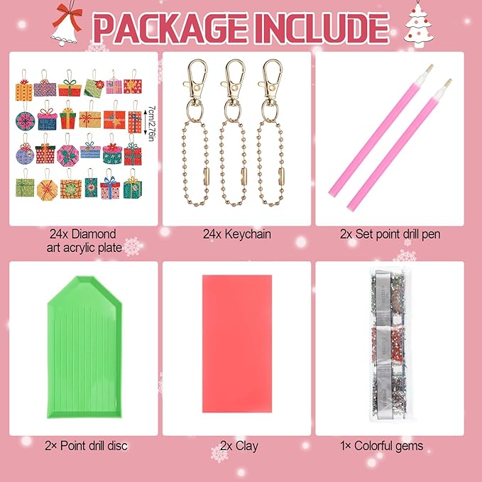 Huquary 24 Pcs Diamond Art Christmas Ornaments 5D DIY Christmas Diamond Arts Painting Keychains Xmas Hanging Painting Kits Gift Boxes Crystal Rhinestone Craft for Home Winter Holiday Gifts
