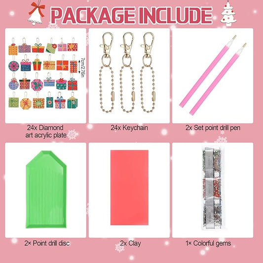 Huquary 24 Pcs Diamond Art Christmas Ornaments 5D DIY Christmas Diamond Arts Painting Keychains Xmas Hanging Painting Kits Gift Boxes Crystal Rhinestone Craft for Home Winter Holiday Gifts