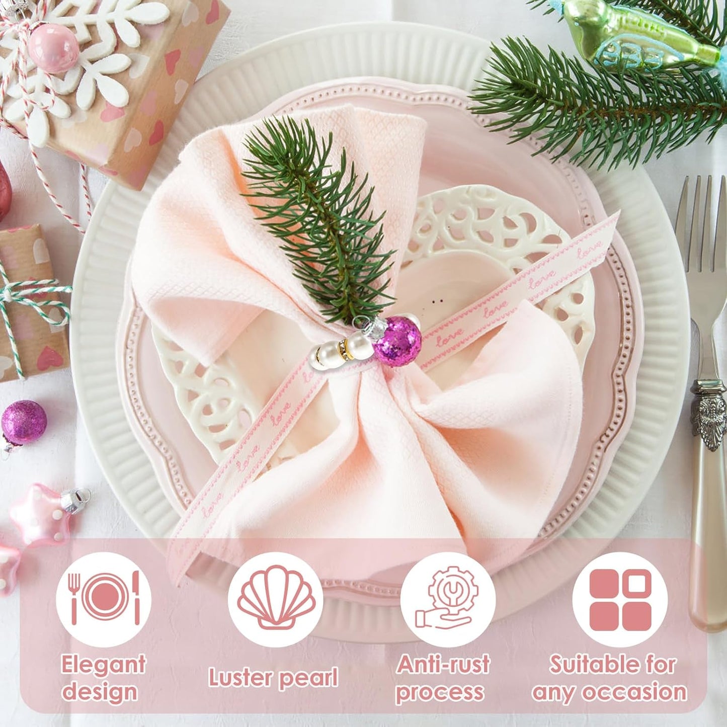 120 Pcs Gold Napkin Rings, Imitation Pearl Napkin Ring Set, Disposable White & Gold Beaded Napkins Rings for Wedding Party Home Reunion Table Decorations