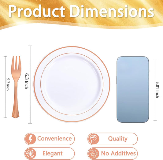 WELLIFE 240 Pieces Rose Gold Plastic Dessert Plates with Disposable Forks, Includes 120 Pcs Appetizers Plates 6.3 inch, 120 Pcs Rose Gold Forks, Perfect for Party and Weddings