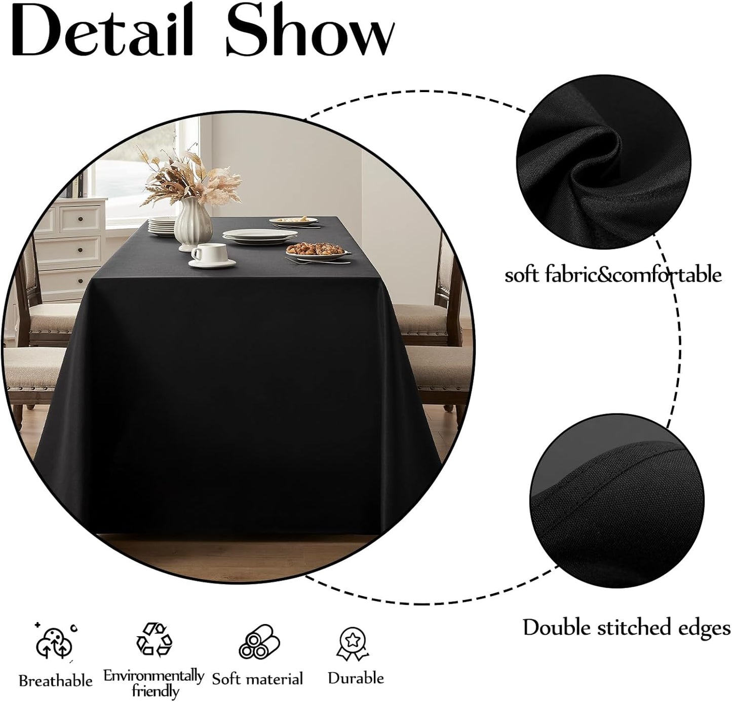 Rectangular Tablecloth 90x156 Inch - Black Table Cloths Stain Resistant Decorative Washable Polyester Rectangle Tablecloths for Dining Table Banquets Buffet Parties and Wedding