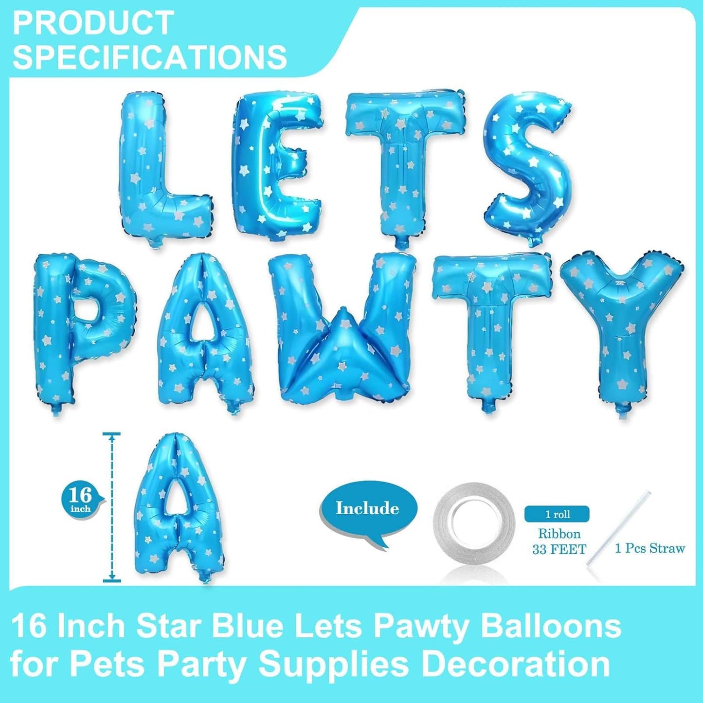 9 Pcs Lets Pawty Balloons Banner 16 Inch, Dog Cat Pet Birthday Letters Sign Lets Pawty Balloons Happy Birthday Banner for Pet Dog Cat Party Supplies Decorations (Star Blue)