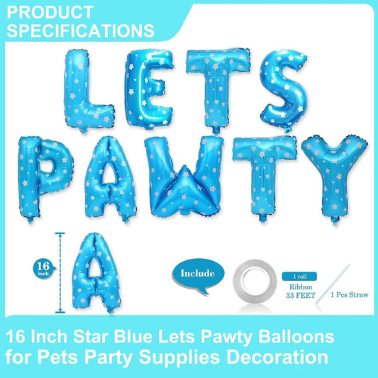 9 Pcs Lets Pawty Balloons Banner 16 Inch, Dog Cat Pet Birthday Letters Sign Lets Pawty Balloons Happy Birthday Banner for Pet Dog Cat Party Supplies Decorations (Star Blue)