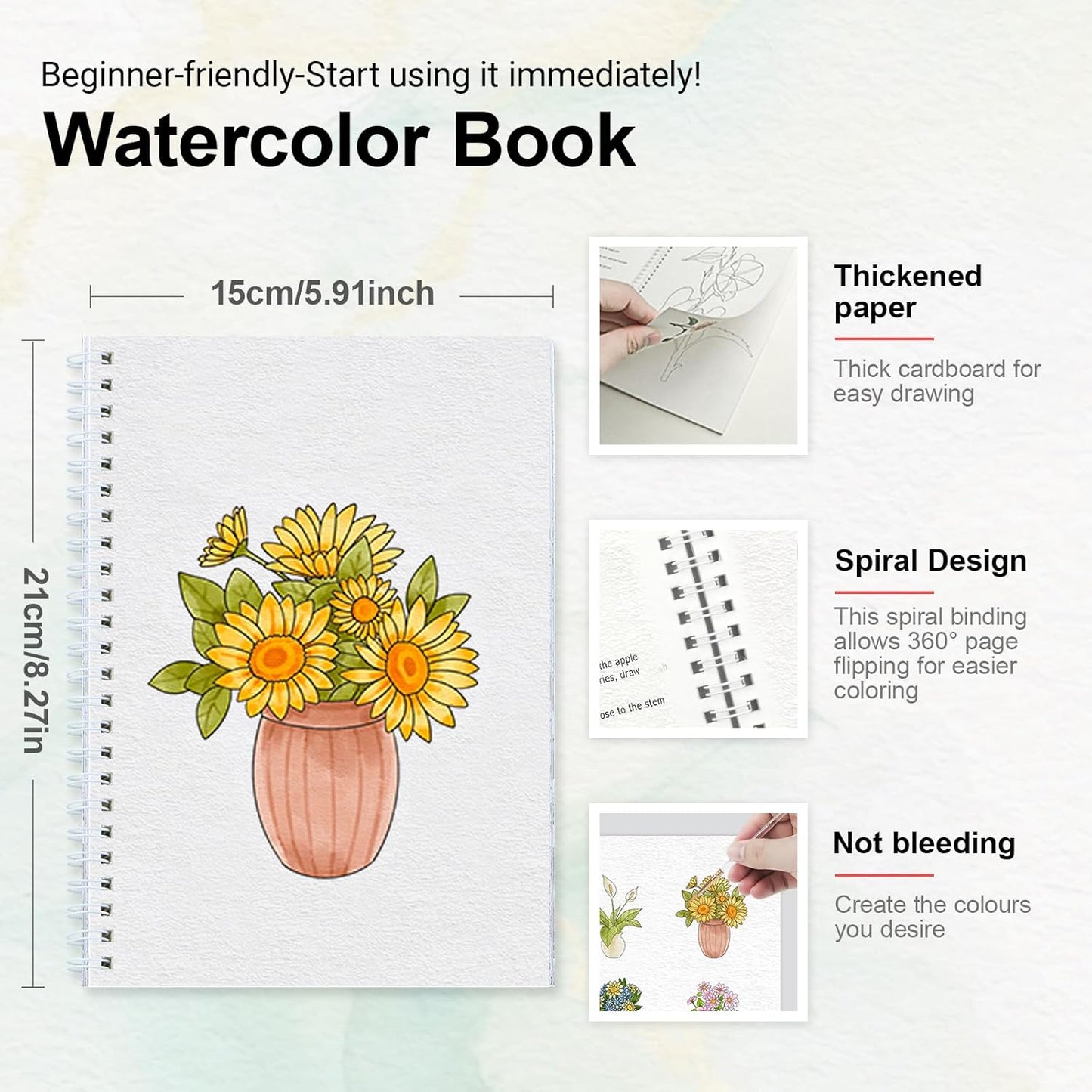 Watercolor Workbooks with Step by Step for Adults Teens - Beginner Watercolor Workbook with 12 Coloring Book Pages -100% Cotton 300gsm/140lb Watercolor Paper (Bouquet)
