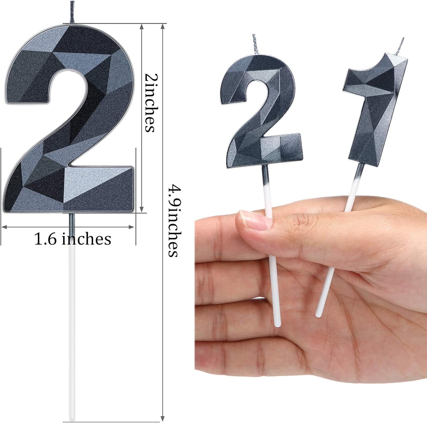 Nuanchu 21st &12th Number Birthday Candles 3D Diamond Shape Numeral Candles Happy Birthday 21 Cake Topper for Wedding Decoration Theme Party Anniversary, 2 Inch (Black)