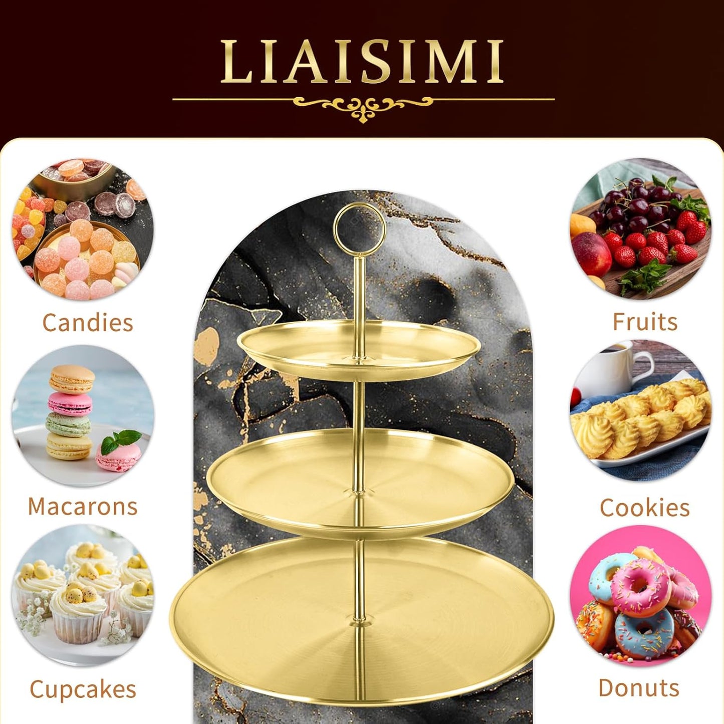 3 Tier Gold Cupcake Stand Stainless Steel Dessert Display Rack with Removable Tiered Tray for Parties,Weddings,Birthdays,Decorations,Any Festivals and Festivities(Stainless Steel Pole)