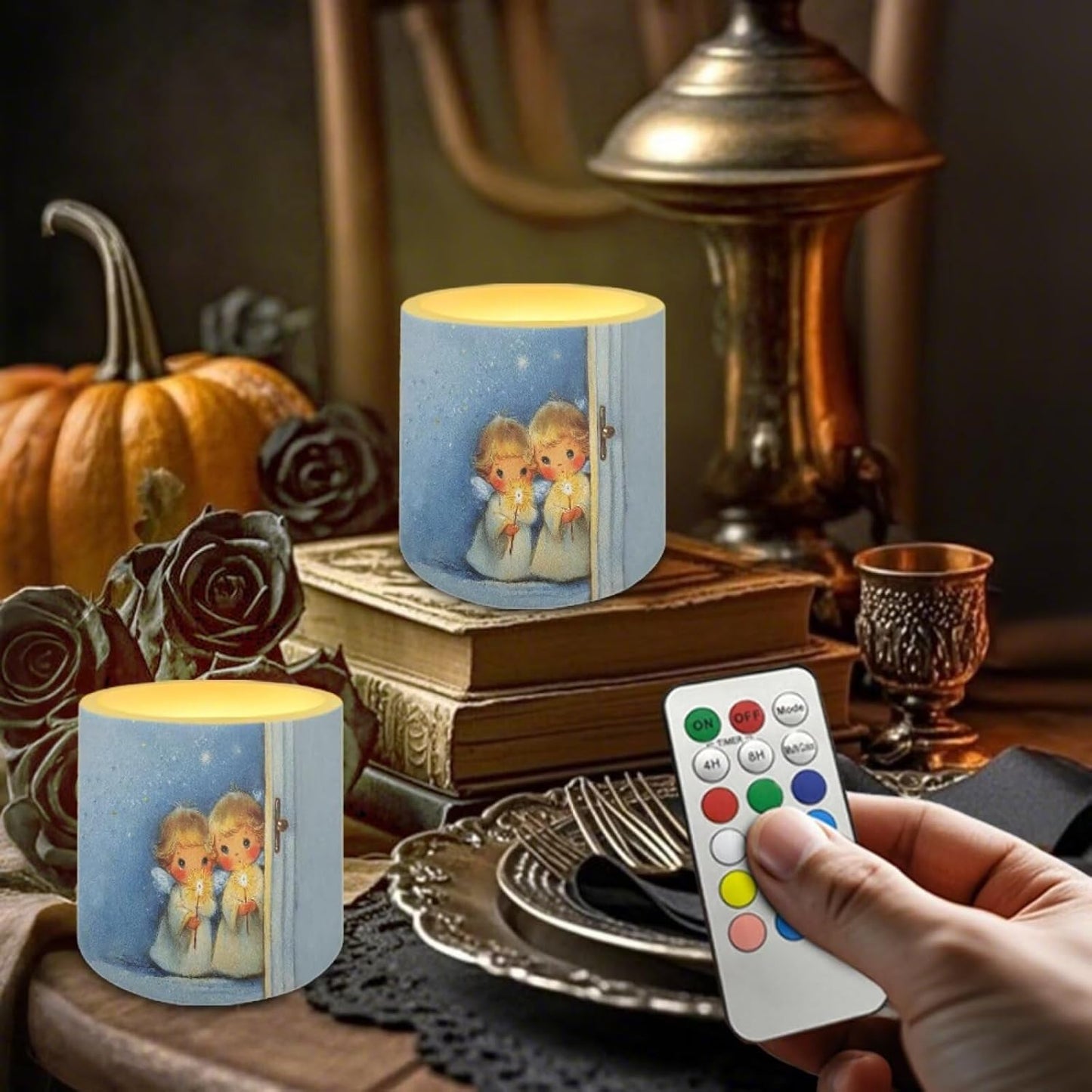 Poceacles LED Flameless Candles Set of 4 Multi-Color Battery Operated Fake Flickering Candles with Remote and Timer, for Holiday Festival Winter Decorations, Cute Angel Sparkler