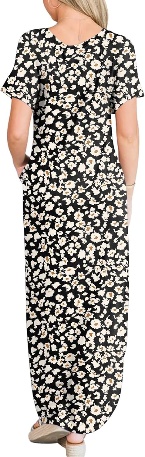 ANRABESS Womens Summer Maxi Dress Short Sleeve Casual Loose Long T Shirt Dresses Split Vacation Beach Sundress Travel Outfits