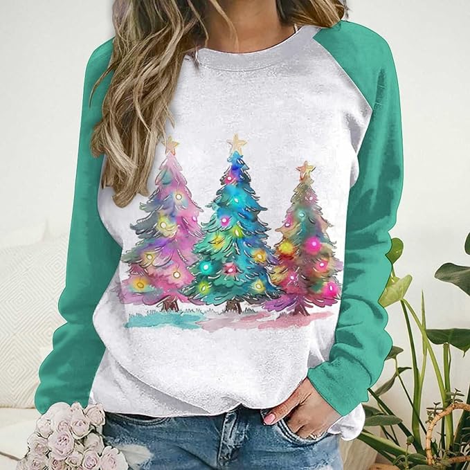 LOAIHA Christmas Sweatshirts for Women Christmas Tree Graphic Shirt Xmas Long Sleeve Merry Christmas Pullover Blouse