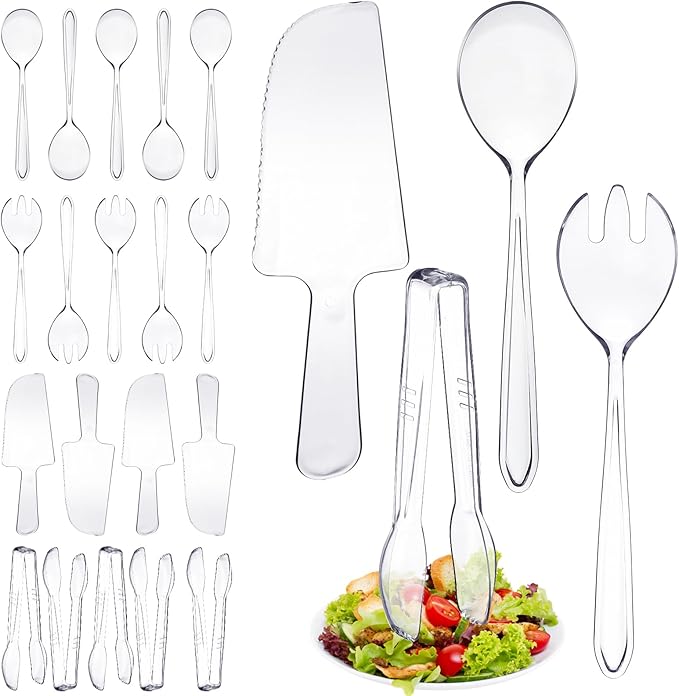 Boocalny 24 Pcs Plastic Serving Utensils, Clear Disposable Utensils,6 Pcs Each 9.7" Serving Spoons, 9.7" Forks, 6.3" Tongs and 7" Cake Cutter,Plastic Buffet Cutlery Set for Serving Food Birthday Party