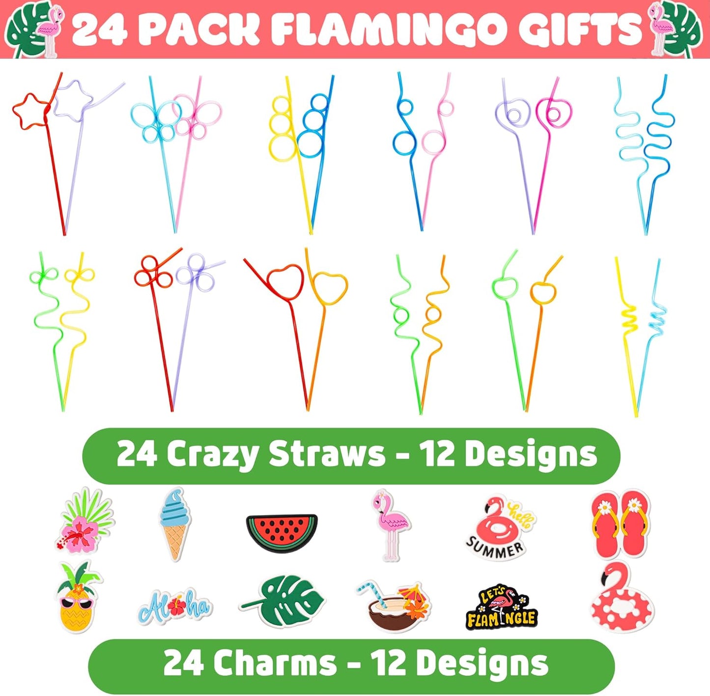 24 PCS Summer Flamingo Drinking Crazy Straws for Kids Summer Themed Flamingo Birthday Party Supplies Favors Decorations with 24 PVC Charm, 2 Cleaning Brushes Reusable Straw