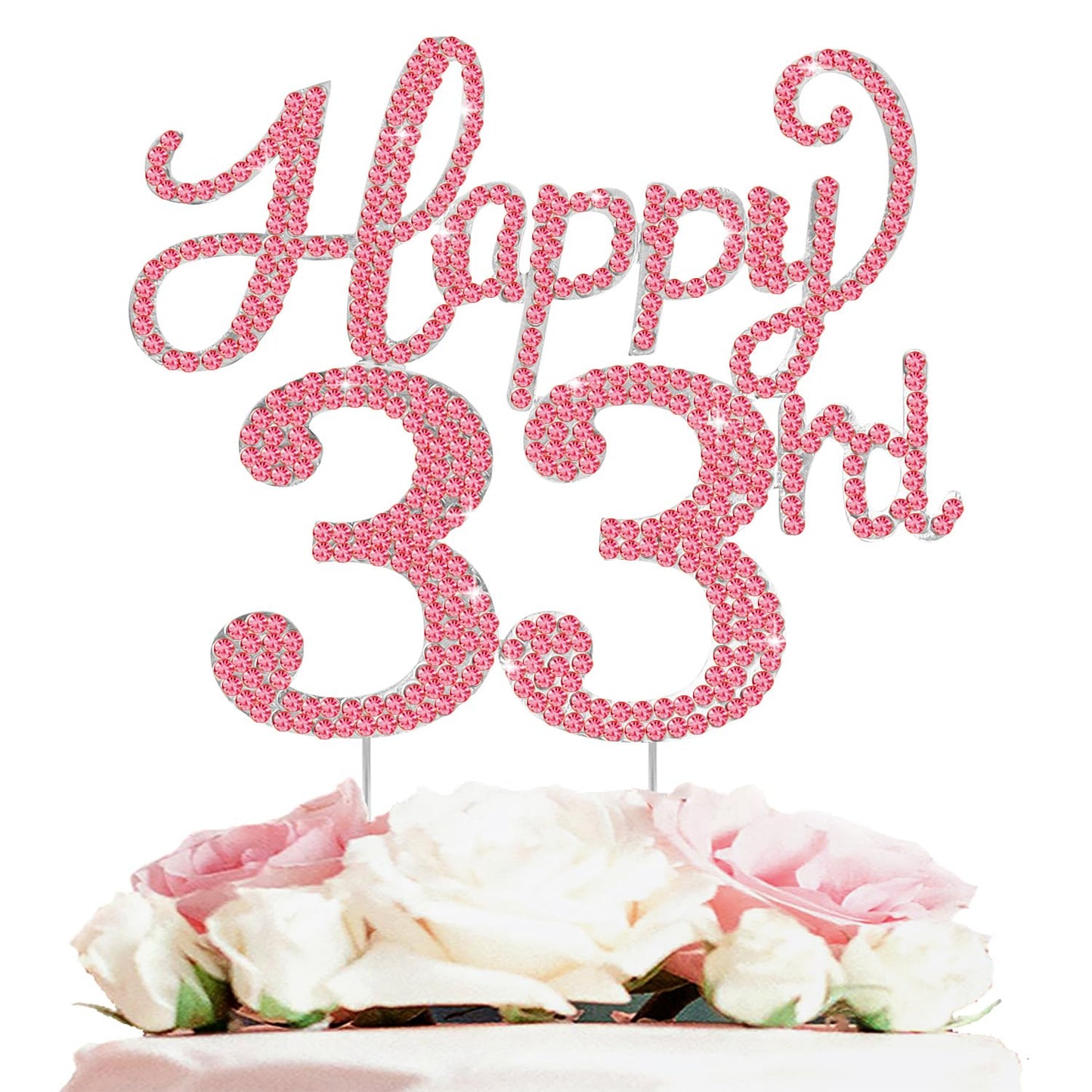 Happy 33rd Birthday Decorations,33rd Birthday Silver & Red Rhinestone Cake Topper - Cheers to 33 Years Old Bday Party Metal Sparkly Cake Centerpieces Sign.