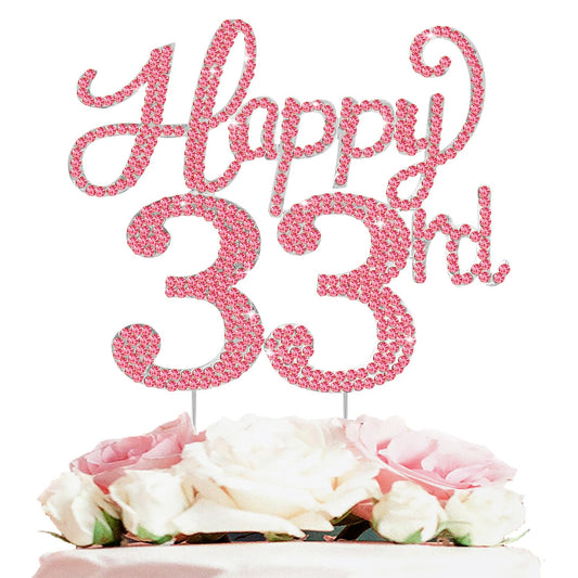 Happy 33rd Birthday Decorations,33rd Birthday Silver & Red Rhinestone Cake Topper - Cheers to 33 Years Old Bday Party Metal Sparkly Cake Centerpieces Sign.