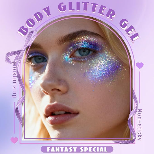 HOSAILY Roll-on Holographic Blue Body Glitter Gel for Face Hair, Chameleon Color Changing Face Paint Glitter Gel Mermaid Makeup, Chunky Sequins Festival Party Rave Accessories Shimmer Makeup