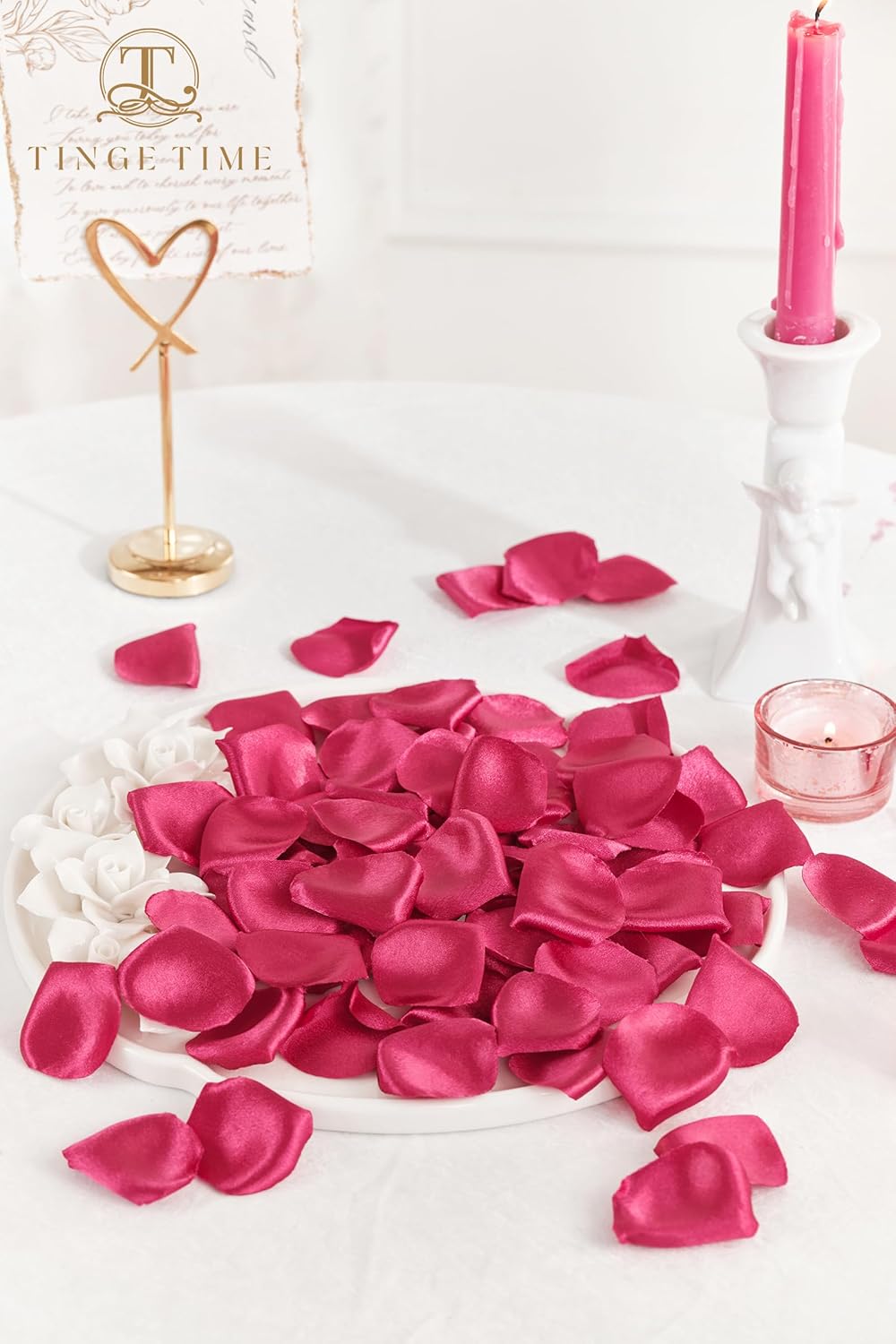 TINGE TIME 300pcs Silk Rose Petals Hot Pink Heart Flower Petals for Wedding Flower Girl Basket Aisle Scatter Dinner Table Centerpieces Party Confetti Bridal Shower Romantic Night Decoration