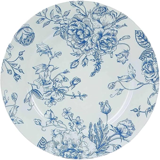 Efavormart 6 Pack White Blue Floral Acrylic Charger Plates in French Toile Pattern, Round Dinner Charger Event Tabletop Decor - 13"