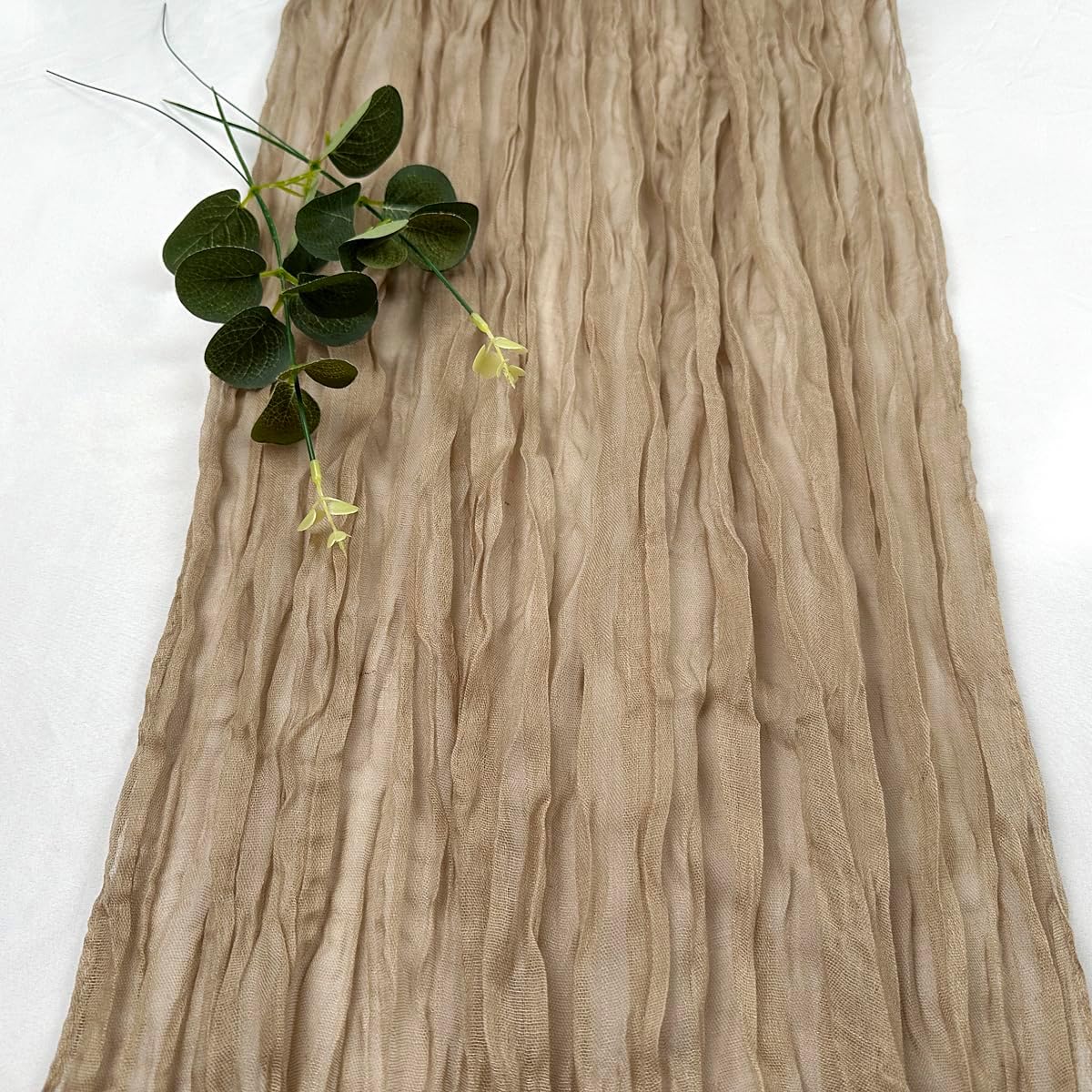 Booque Valley Nude Cheesecloth Table Runner 120 Inch 10ft Super Soft Boho Wrinkled Gauze Sheer Cloth for Baby Shower Birthday Bridal Shower Wedding Centerpiece Table Decoration, 3 Pack, Tan
