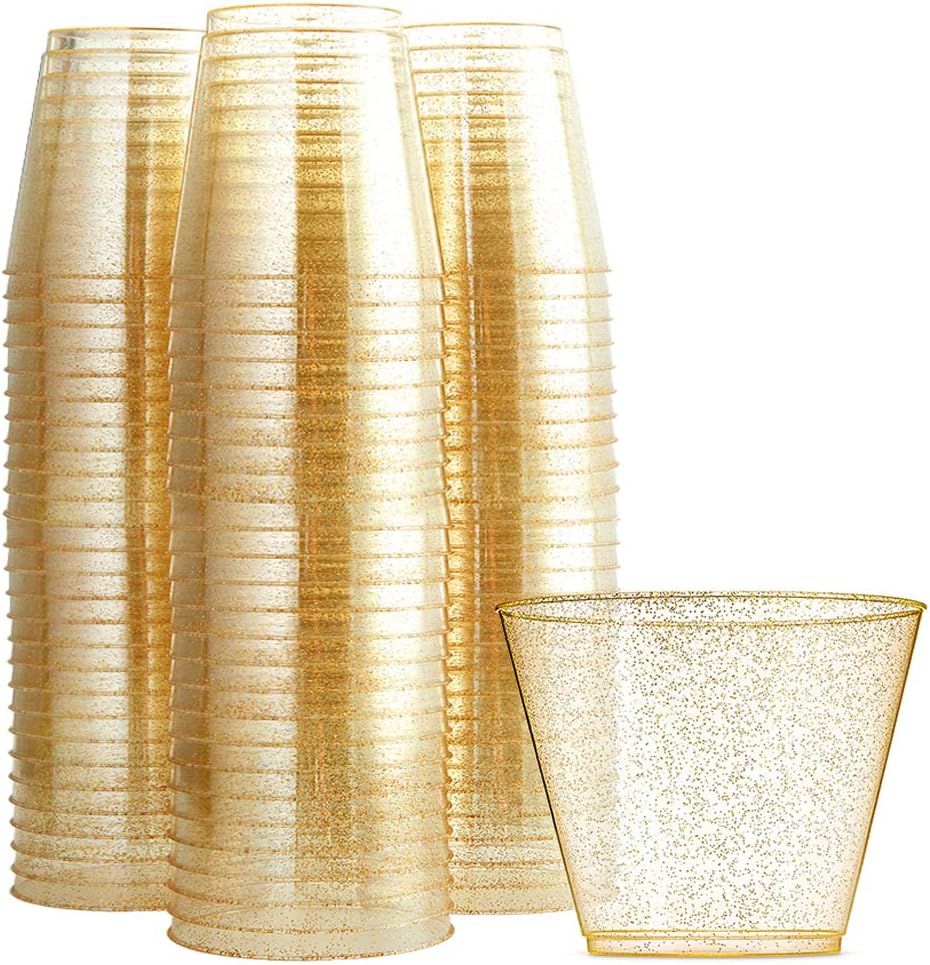WDF 200pcs 9OZ Gold Cups,Disposable Premium Wedding Gold Glitter Plastic Cups for Thanksgiving Party