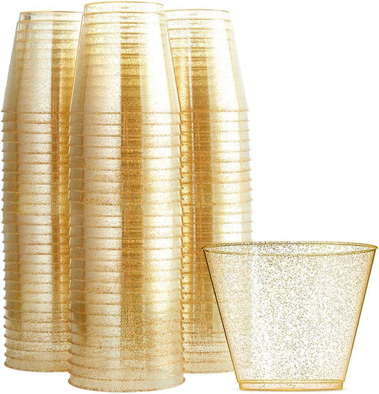 WDF 200pcs 9OZ Gold Cups,Disposable Premium Wedding Gold Glitter Plastic Cups for Thanksgiving Party