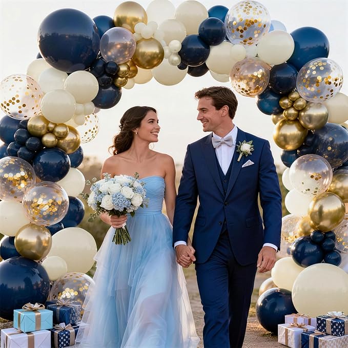 Blue and Gold Balloons Arch Kit, Navy Dark Blue Latex Balloon Arch Kit with Chrome Gold Sand White Balloons Garland and Gold Confetti Balloons for Wedding Boy Birthday Gender Reveal Party Decoration