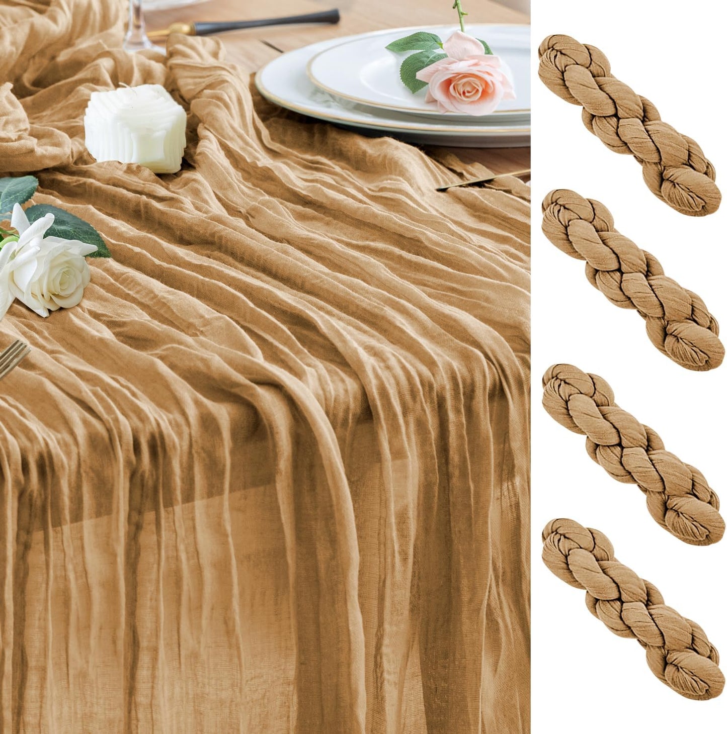 Wokceer Cheesecloth Table Runner 4Pack 10FT Khaki Boho Gauze Cheese Cloth Table Runner for Party Long Rustic Sheer Table Runners for Baby Bridal Shower Wedding Easter Table Decor