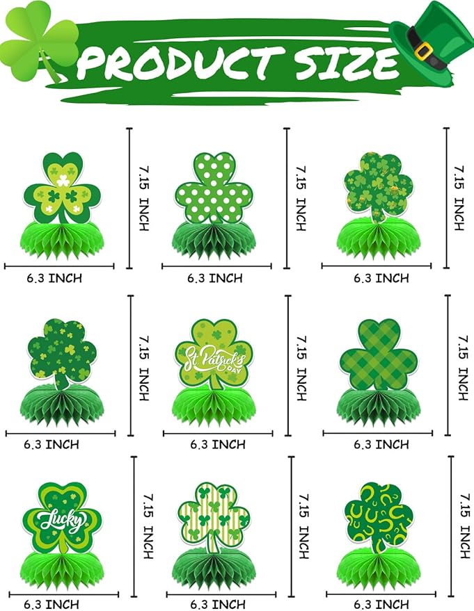 St Patricks Day Table Decorations, 9 Pcs St Patricks Day Centerpieces, Irish Green Honeycomb Centerpieces for Table, 3D Shamrock Table Decor for St. Patrick's Day Party Favor Supplies