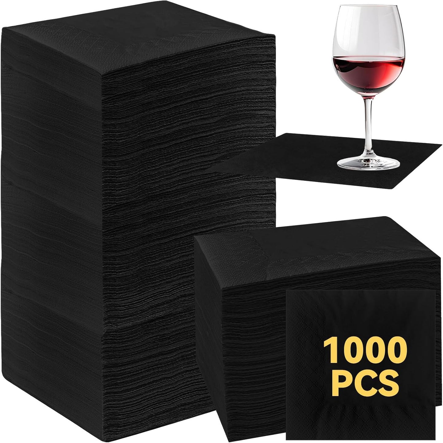 Henoyso 1000 Pack Black Cocktail Napkins Bulk, 9.8'' x 9.8'' 2 Ply Disposable 100% Bamboo Paper Napkins for Wedding Bar Party Birthday Dinner Beverage Holiday Elegant Restaurant Event