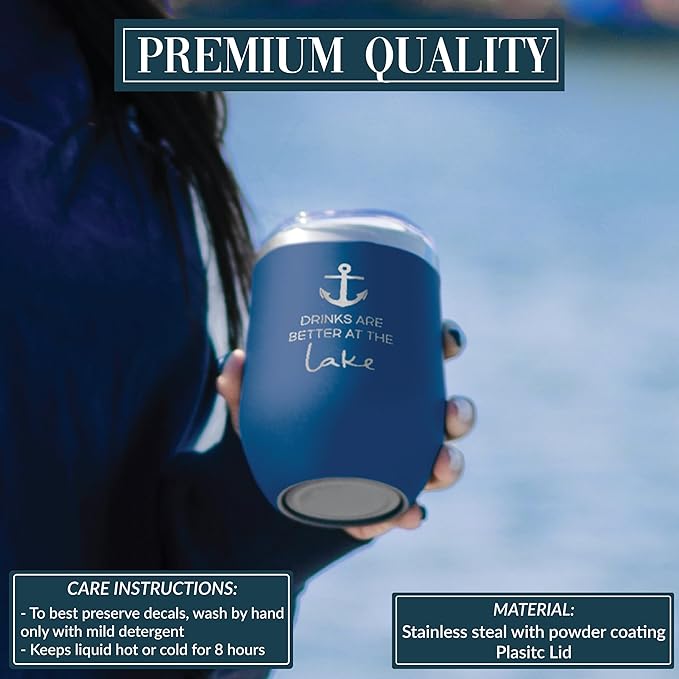 Pavilion - At The Lake 12 ounce Stainless Steel Wine Tumbler, Vacuum Insulated Wine Tumbler, Wine Tumbler with Lid, Lake House Gift Ideas, Anchor Decor, Wine Gifts For Women, Navy