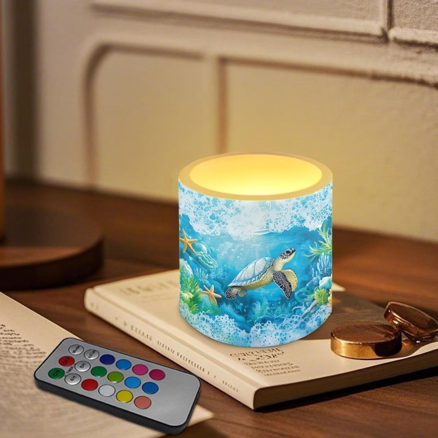 Poceacles 4 Piece Flameless LED Candles with Remote, Plastic Battery-Powered Candles with 12 Colors Changing Decorative Night Light for Home Holiday Decor, Sea Turtle Starfish Coral Blue Ocean