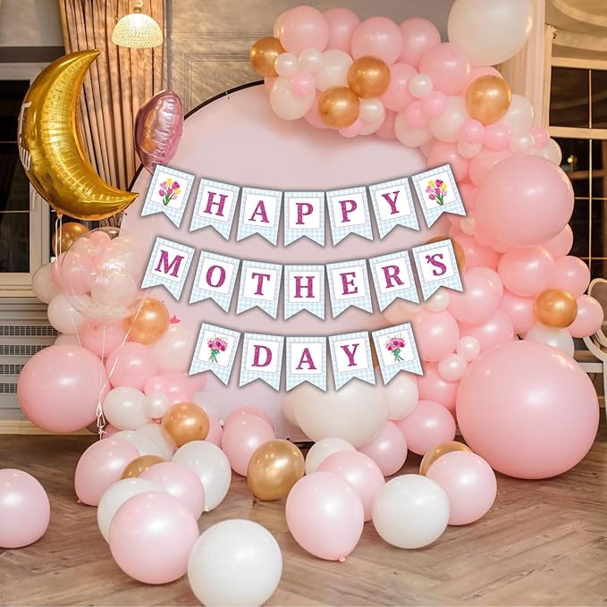 Happy Mother's Day Banner Set Decoration for Mother's Day Party Decorations Backdrop Garland for Mom Glitter Garland Photo Props (Blue Tulip)