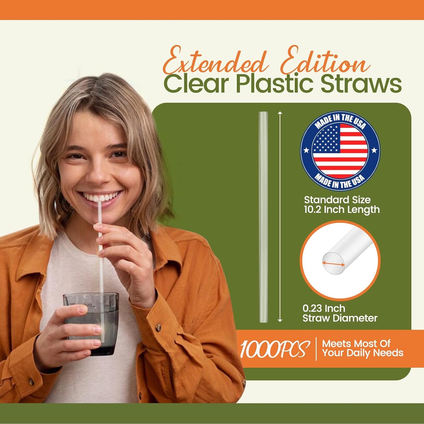 Clear Plastic Straws [1000 Pcs-10.2" Long] Individually Wrapped Disposable Drinking Straws - Made in USA - Straight Long Straws for Party, 0.23'' Diameter (2 boxes of 500)