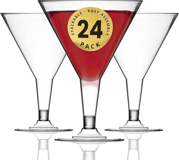 DecorRack 24 Martini Glasses, 7 oz -BPA Free- V-Shaped Plastic Glass, Perfect for Outdoor Parties, Weddings, Hosting, Stackable, Reusable, Disposable Stemmed Cups (Pack of 24)