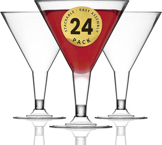 DecorRack 24 Martini Glasses, 7 oz -BPA Free- V-Shaped Plastic Glass, Perfect for Outdoor Parties, Weddings, Hosting, Stackable, Reusable, Disposable Stemmed Cups (Pack of 24)