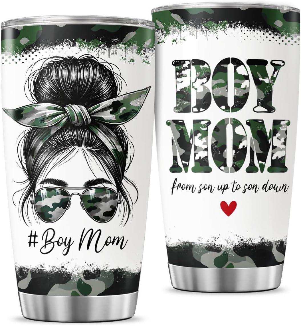 Boy Mom Camouflage Gift 20oz Insulated Stainless Steel Tumbler, Funny Camo Travel Cup for Mothers from Son, From Son Up to Son Down Quote, Vacuum Mug for Coffee, Water, or Outdoor