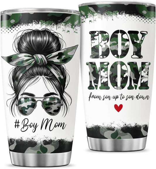 Boy Mom Camouflage Gift 20oz Insulated Stainless Steel Tumbler, Funny Camo Travel Cup for Mothers from Son, From Son Up to Son Down Quote, Vacuum Mug for Coffee, Water, or Outdoor