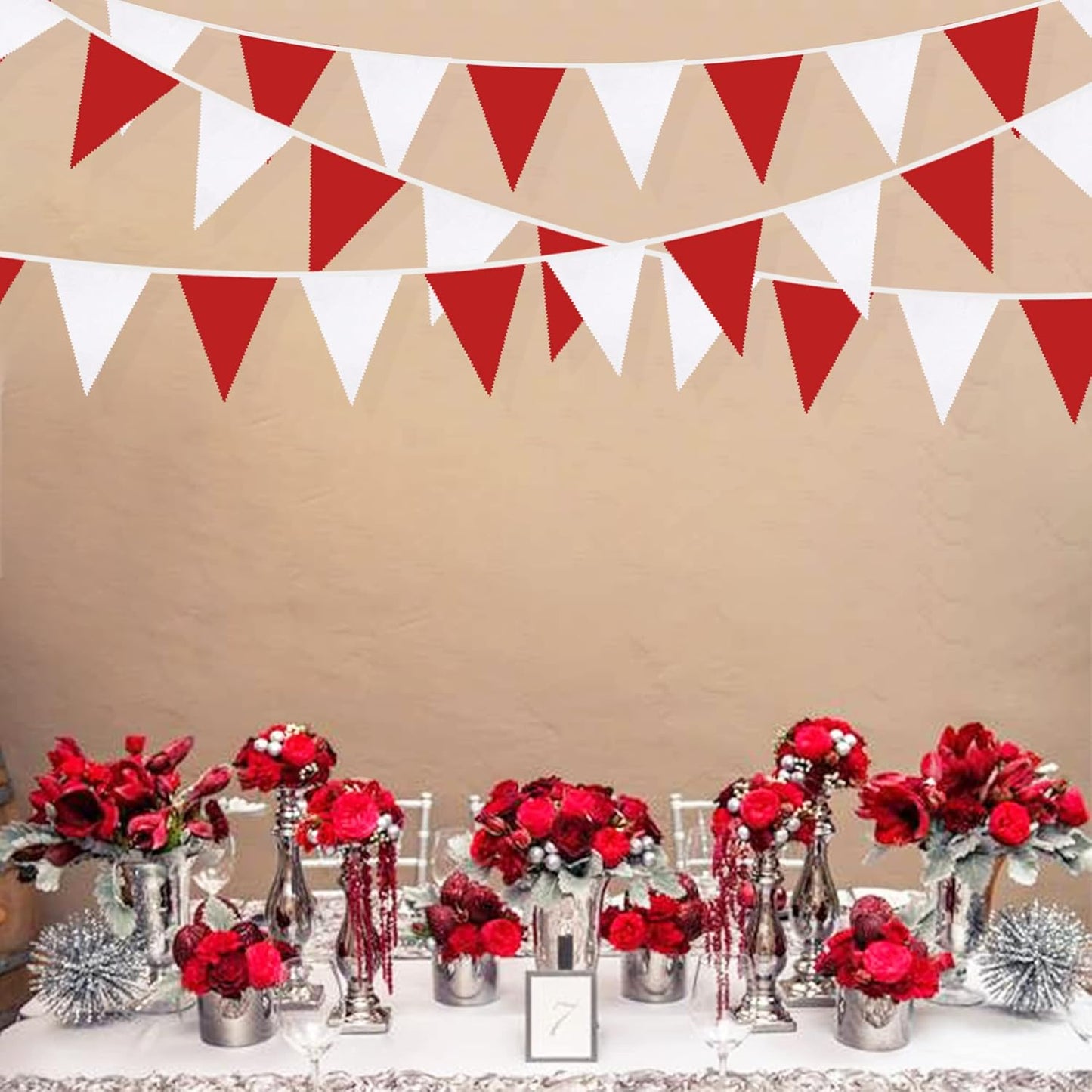 32Ft Red White Pennant Banner Fabric Triangle Flag Bunting Garland Streamers for Wedding Engagement Bridal Shower Anniversary Bachelorette Birthday Party Home Outdoor Garden Hanging Decoration